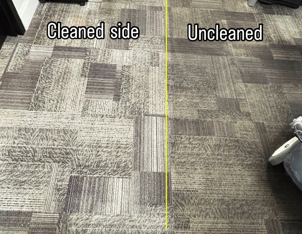 Carpet cleaning showing cleaned vs uncleaned side